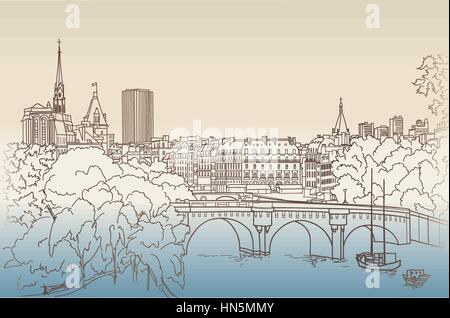 Street views in the old city. Paris cityscape view from Louvre window Stock Vector