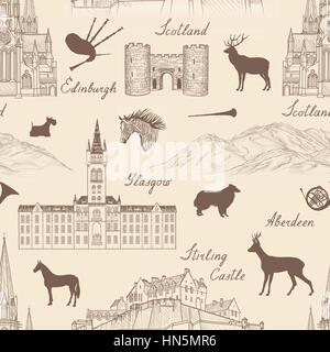 Travel  Scotland famous cities landmark with handmade calligraphy. Edinburgh, Glasgow, Aberdeen city seamless pattern for your design. Architectural m Stock Vector