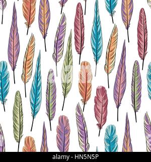 Feather seamless pattern. Colorful vector illustration of feathers over white background Stock Vector