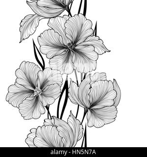 Floral background. Greeting card with flower. Flourish border. Gentle decor with summer flower dahlia. Black and white vector illustration Stock Vector