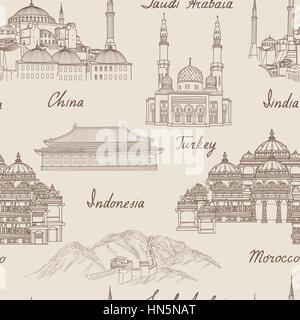 Travel Asia background. World famous landmark seamless pattern. Asian countries traditional architectura travel seamless pattern. Vacation in Asia wal Stock Vector