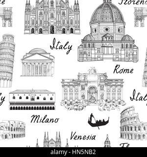 Travel Europe background. Italy famous landmark seamless pattern. Italian city architectura travel sketch. Stock Vector
