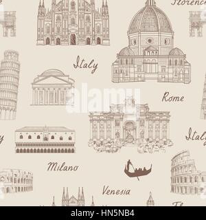 Travel tiled background. Italy famous landmark seamless pattern. Italian city architectura travel sketch. Stock Vector