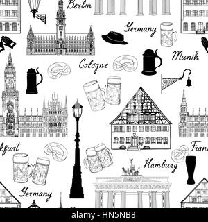 Travel seamlss pattern. Visit Germany background with sketch beer mugs. Famous german buildings and landmarks. Vector illustration Stock Vector