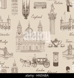 London landmark seamless pattern. Doodle travel Europe sketchy lettering. Famous architectural monuments  and symbols. England vintage icons vector te Stock Vector