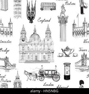 London landmark seamless pattern. Doodle travel Europe sketchy lettering. Famous architectural monuments  and symbols. England vintage icons vector te Stock Vector