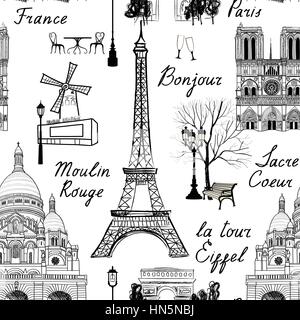 Travel Paris seamless pattern. Vacation in Europe wallpaper. Travel to visit famous places of France background. Landmark tiled grunge pattern. Stock Vector