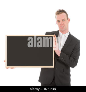Business man holding empty chalkboard beside of his body, isolated on white Stock Photo