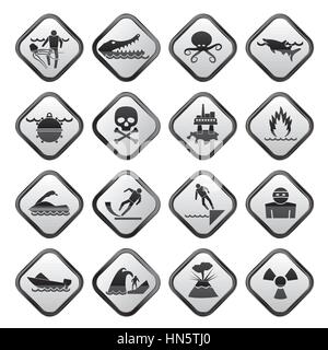 Warning Signs for dangers in sea, ocean, beach and rivers Stock Vector