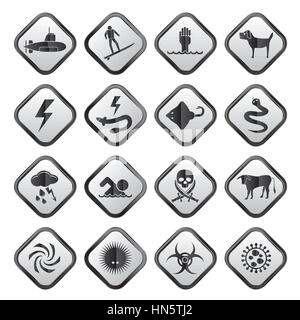 Warning Signs for dangers in sea, ocean, beach and rivers - vector icon set 2 Stock Vector