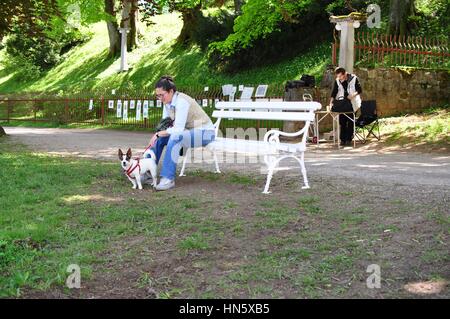 Dog in a park with its master at Lake Bled Stock Photo