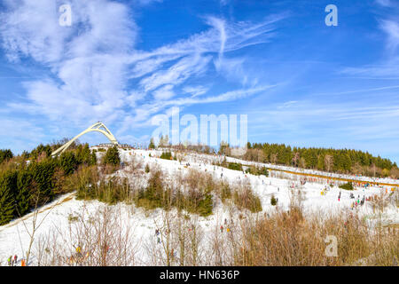 Panoramic view on St. Georg ski-jumping venue, overlooking a popular skiing area in the city of Winterberg, North Rhine-Westphalia, Germany. Stock Photo