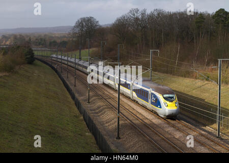 HOLLINGBOURNE, KENT, ENGLAND - FEBRUARY 3RD 2017 - Class 374 e320 Eurostar heading west along the HS1 line through Kent.  Class 374 e320 Eurostar set  Stock Photo