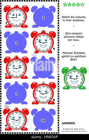 Visual puzzle: Match the pictures of red alarm clocks to their shadows. Answer included. Stock Vector