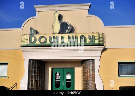 An art deco-styled bowling alley in Elgn, Illinois, USA. Stock Photo