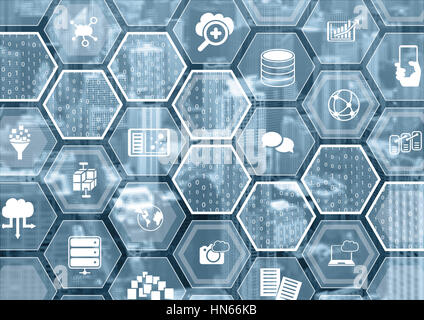 Cloud computing blue blurred background with hexagon shapes and symbols Stock Photo