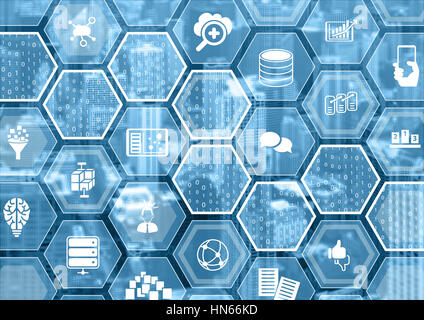 Big data concept as blurred background with hexagon shapes and symbols Stock Photo