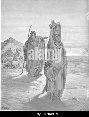 Abraham sends Hagar and Ishmael away, an 1866 biblical illustration by Gustave Doré, presenting a scene from Genesis 21:1-14. Stock Photo