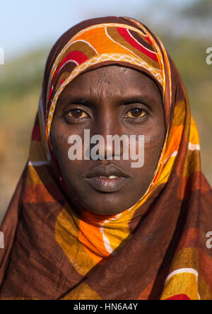 Afar tribe woman with scarifications on her face, Afar region, Afambo, Ethiopia Stock Photo