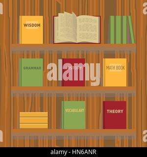 Set of new flat colorful books and tutorials on a bookshelf and one open book. Classbooks and textbooks icons on wood texture. Education symbol logo.  Stock Vector