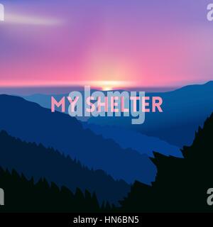 square blurred mountain background - sunset colors in the mountains With quote - my shelter Stock Vector