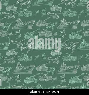 Seamless army texture with vehicle sketch icons on green camouflage background Stock Vector