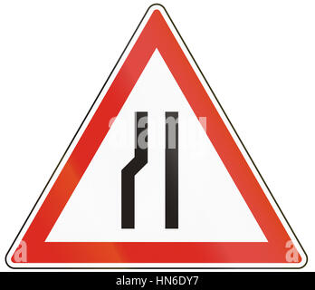 Hungarian warning road sign - Road narrows on the left side. Stock Photo