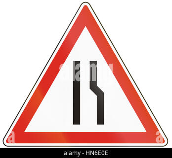 Hungarian warning road sign - Road narrows on the right side. Stock Photo