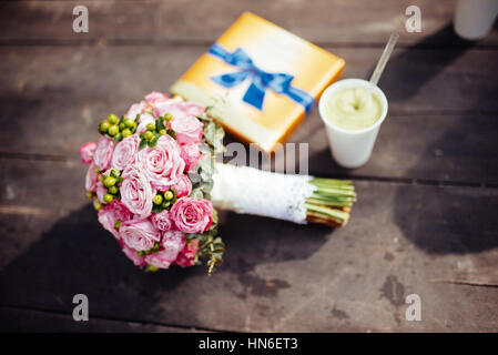 Wedding bouquet of bride - colorful flowers. Stock Photo