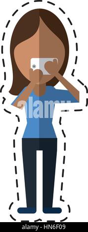 character woman making selfie photograph with smartphone cut line Stock Vector