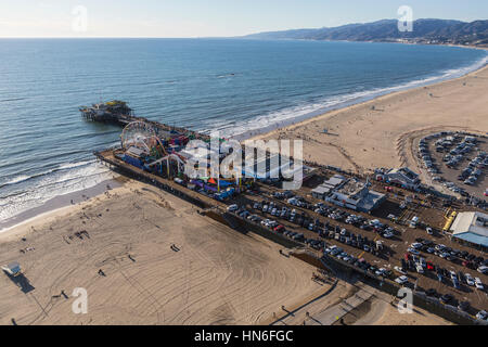 Santa Monica, California, USA - December 17, 2016:  Aerial of Santa Monica Pier and beach near Los Angeles California. Stock Photo