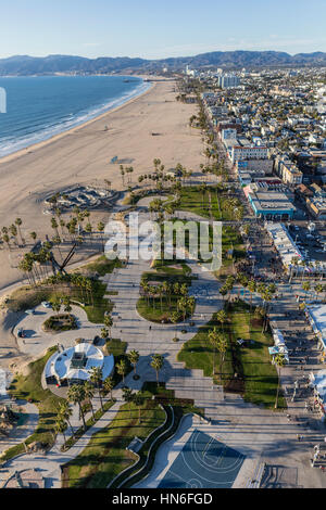 Los Angeles, California, USA - December 17, 2016:  Aerial of Venice beach boardwalk and park facilities on the Pacific Coast. Stock Photo