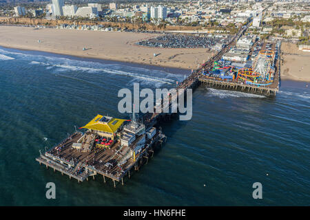Santa Monica, California, USA - December 17, 2016:  Aerial of Santa Monica pier and beach on the Pacific Coast. Stock Photo