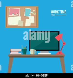 work time desk space laptop lamp notice board Stock Vector
