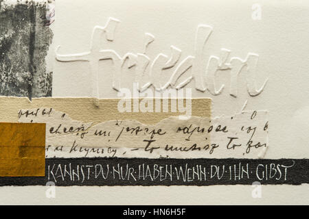 Calligraphy studio, card with writing, collage, hand imprints, Seebruck, Upper Bavaria, Germany Stock Photo