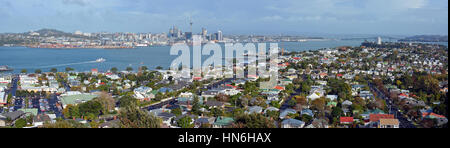 Panoramic view from Mount Victoria, Devonport towards Auckland City & The Harbour Bridge in the background - Royalty Free. Stock Photo