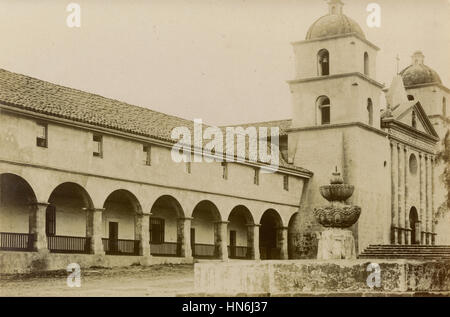 Antique c1910 photograph, the facade of the Santa Barbara Mission. Mission Santa Barbara is a Spanish mission founded by the Franciscan order near present-day Santa Barbara, California, USA. It was founded by Padre Fermín Lasuén on December 4, 1786. Stock Photo