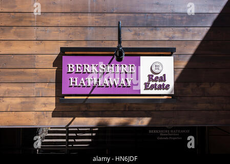 Vail, USA - September 10,2015: A Berkshire Hathaway real estate sign in Vail, Colorado Stock Photo