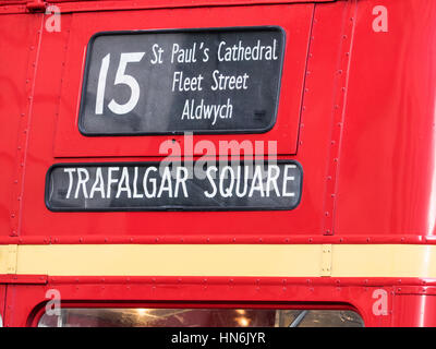 The Number and Destination boards on a Heritage London Routemaster bus Stock Photo