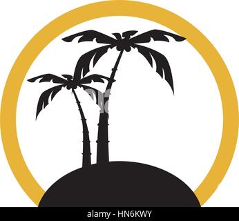 circular shape silhouette beach with palm and island vector illustration Stock Vector