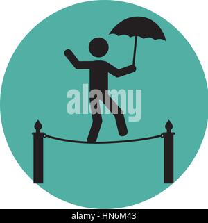 circular silhouette with circus juggler on rope with umbrella vector illustration Stock Vector
