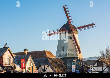 Solvang, USA - February 13, 2016: Danish windmill houses in a tourist town in California Stock Photo