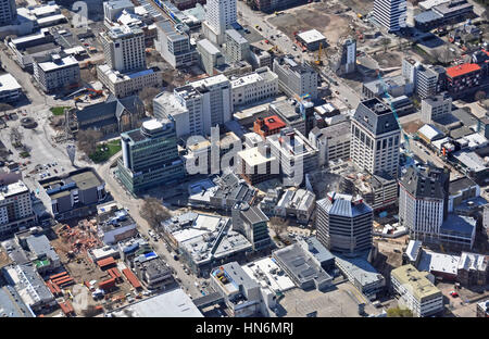 Christchurch, New Zealand - September 21, 2011: Aerial close-up view of building demolitions in the central city after recent devastating earthquakes Stock Photo