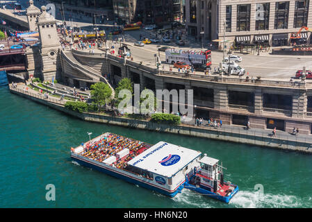 Chicago, USA - May 30, 2016: Aerial view of Lake Michigan and Wacker Drive with large boat ship on downtown river Stock Photo