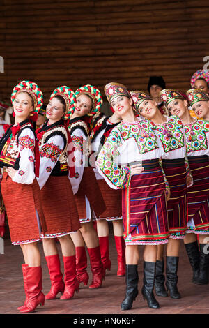 Silver Spring, USA - September 17, 2016: Ukraina School of Dance Ensemble girls from Toronto, Canada dressed in traditional red Ukrainian embroidered  Stock Photo