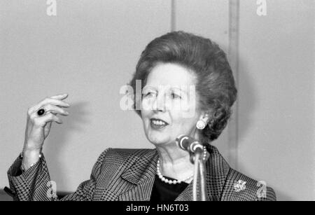 Rt. Hon. Margaret Thatcher, former British Prime Minister, speaks at a conference in London on July 1, 1991. She was Prime Minister from 1979-1990. Stock Photo