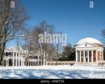 Charlottesville, USA - December 3, 2009: Snowfall on lawn of University of Virginia with Rotunda with old white dome Stock Photo