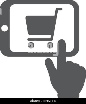 Shopping Online with Tablet PC. Hand pointing to shopping chart on screen. Flat vector icon illustration EPS 10 Stock Vector