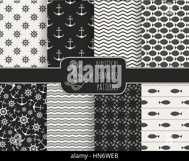 Set of seamless nautical patterns with anchors, ship wheels, fish and waves. Vector illustration. Design elements for printables, baby shower invitati Stock Vector