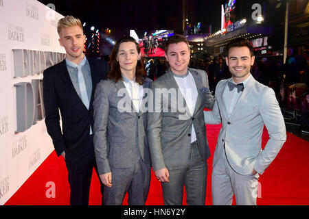(left to right) Jamie Lambert, Thomas J Redgrave, Matt Pagan and Michael Auger of Collabro arriving for the Fifty Shader Darker European Premiere held at Odeon Leicester Square, London. Stock Photo